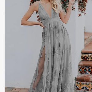 Light Gray Women’s Halter Backless Lace Embroidered Flower Maxi Dress Size Med